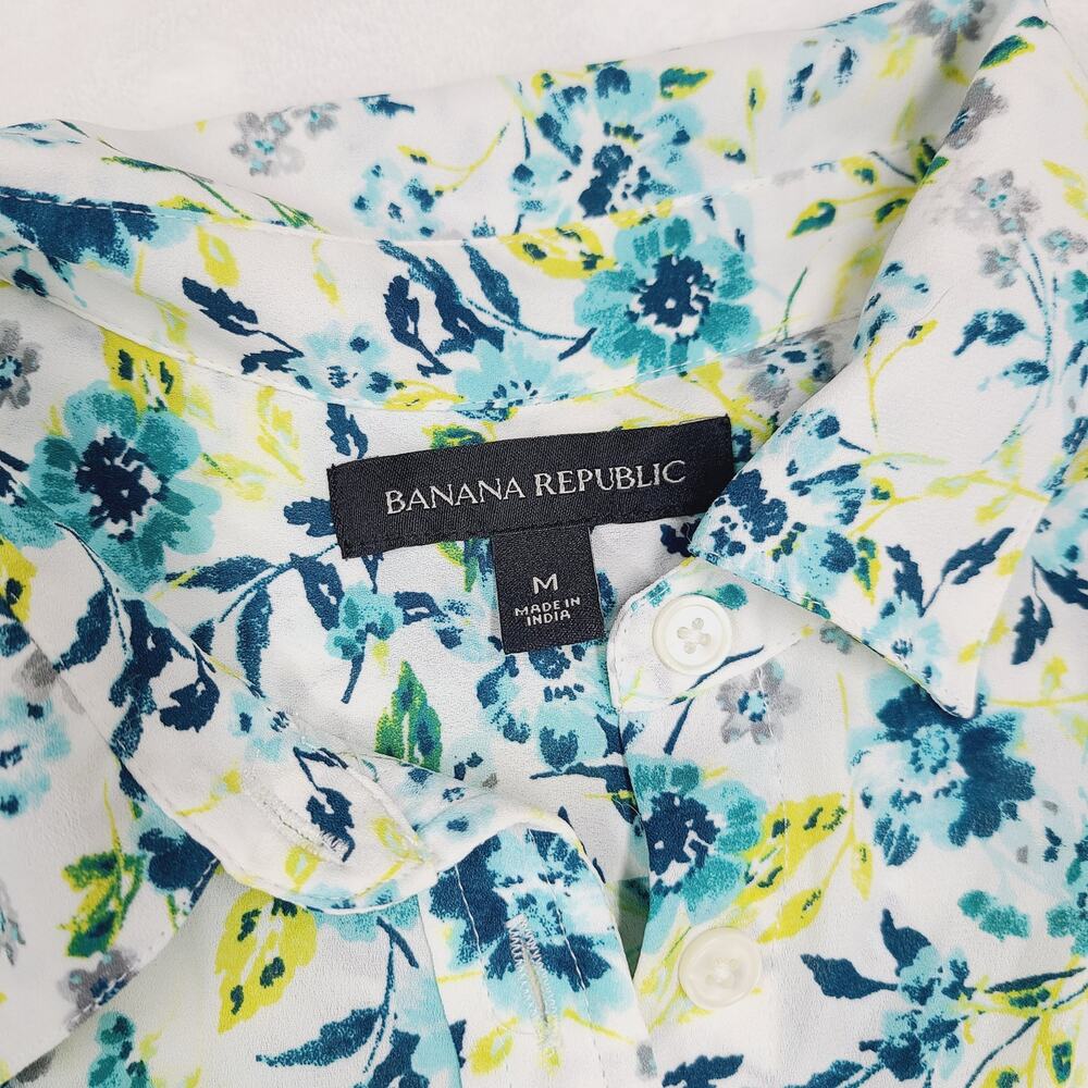 Banana Republic Floral Blouse Medium Blue Green Button Front Shirt Lightweight - Picture 3 of 11